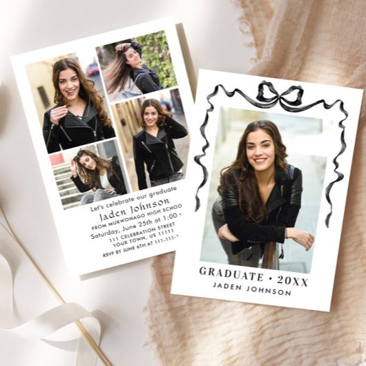 Trendy Neutral Bow Ribbon 5 FOTO Graduation Party Kaart