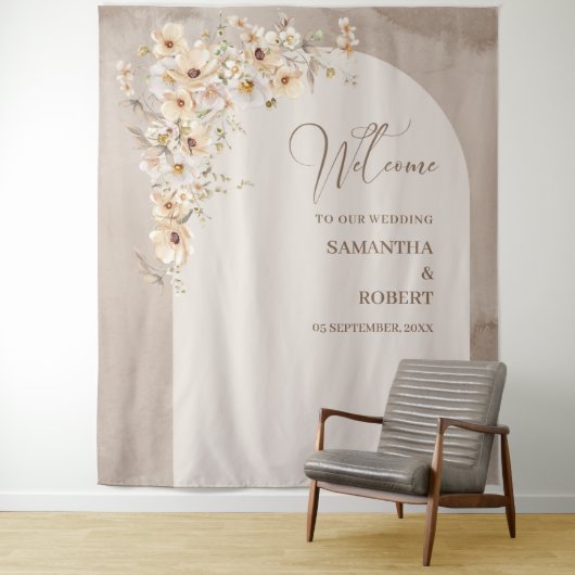 Trendy neutrale wilde bloemen boho arch bruiloft wandkleed (In situ)