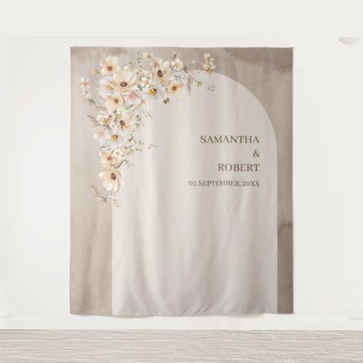 Trendy neutrale wilde bloemen boho arch bruiloft wandkleed (Voorkant)