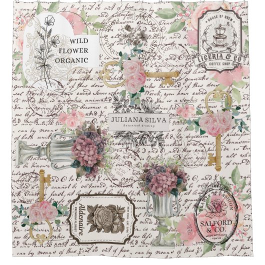 Trendy newspaper Botanical Chic Frenchy pattern Douchegordijn (Voorkant)