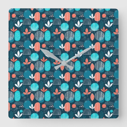 Trendy Nordic dusty blue navy koperen roestfloral Vierkante Klok (Voorkant)