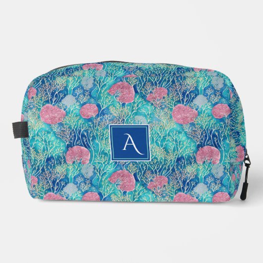 Trendy Ocean Turquoise koralen Waterverf Monogram Toilettasje (Voorkant)