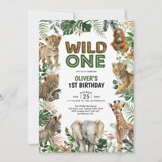 Trendy Oerwoud Animals Wild One Boy 1st Birthday Kaart (Voorkant)