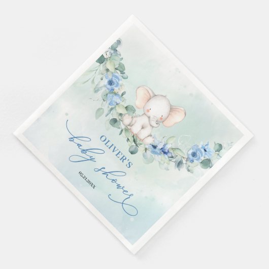 Trendy olifant blauw bloemeneucalyptus jongen baby servet (Hoek)
