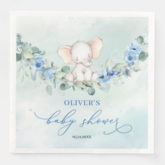 Trendy olifant blauw bloemeneucalyptus jongen baby servet (Voorkant)