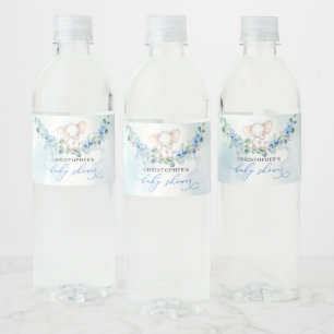 Trendy olifantblauw bloemeneucalyptus baby shower waterfles etiket