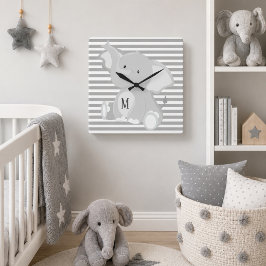 Trendy olifantmonogram grijs en witte strepen vierkante klok