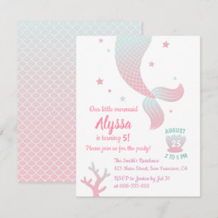 Trendy Ombre Mermaid Tail Girls Birthday Party Kaart