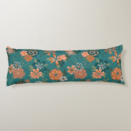 Trendy Oranje Blauwgroen Pattern Flowers Lichaamskussen (Achterkant)