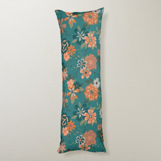 Trendy Oranje Blauwgroen Pattern Flowers Lichaamskussen (Achterkant (Verticaal))