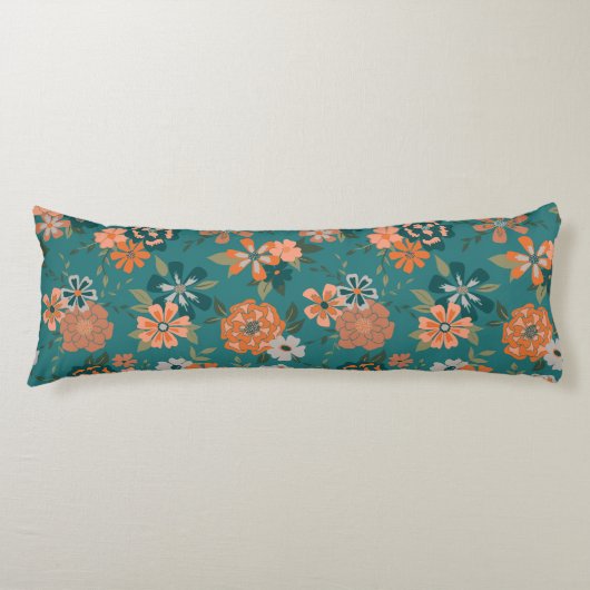 Trendy Oranje Blauwgroen Pattern Flowers Lichaamskussen (Voorkant)