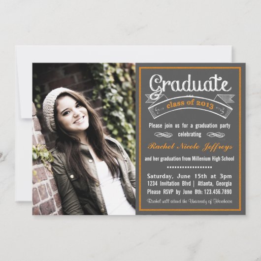 Trendy Oranje Chalkboard Typografie Afstuderen Kaart (Voorkant)