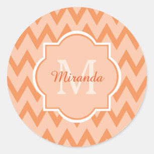 Trendy Oranje Chevron Zigzag Name en Monogram Ronde Sticker