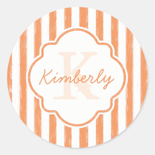 Trendy Oranje gekleurde stripes monogram en naam Ronde Sticker (Voorkant)