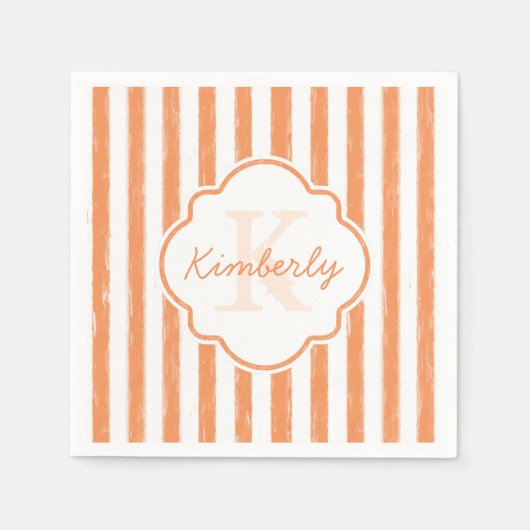 Trendy Oranje gekleurde stripes monogram en naam Servet (Voorkant)