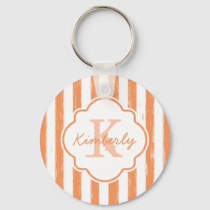Trendy Oranje gekleurde stripes monogram en naam Sleutelhanger