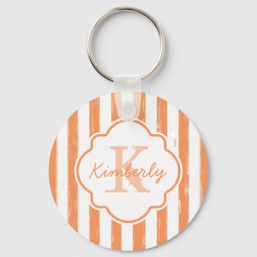 Trendy Oranje gekleurde stripes monogram en naam Sleutelhanger (Voorkant)