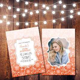 Trendy Oranje strepen Floral Foto Verjaardag Kaart