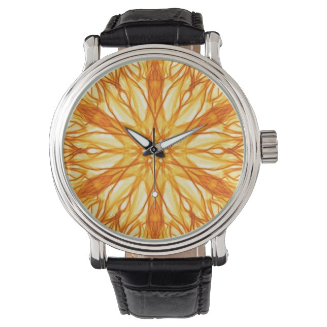 Trendy Oranje, Yellow Fractal Horloge (Voorkant)