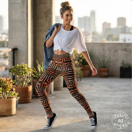Trendy Oranje Zwart Geometrisch Op Art Retro Mozaï Leggings
