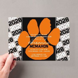 Trendy Oranje & Zwarte Afstudeerpootafdruk Helder Acryl Uitnodigingen