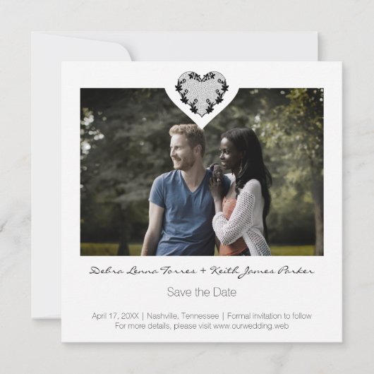 Trendy Ornamental Heart Black Lace Wedding Save The Date (Voorkant)