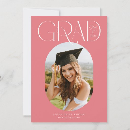 Trendy Oval One Photo Roze Afstuderen Aankondiging (Voorkant)