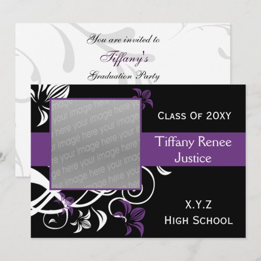 trendy paars Afstuderen foto Uitnodiging (Voorkant / Achterkant)