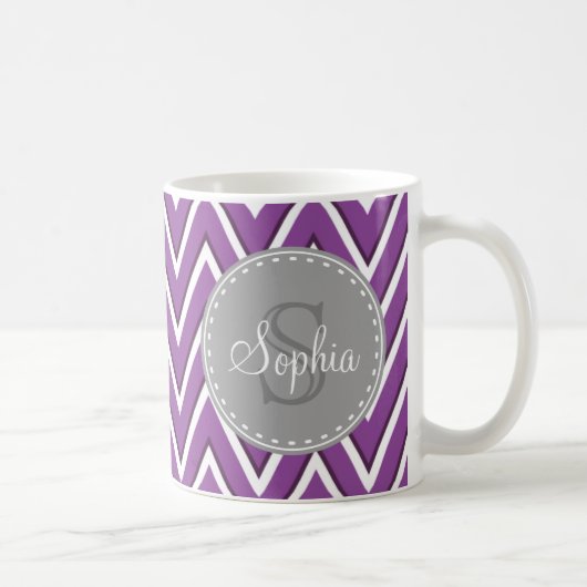 Trendy Paars Chevron Pattern Gray Monogram Koffiemok (Rechts)