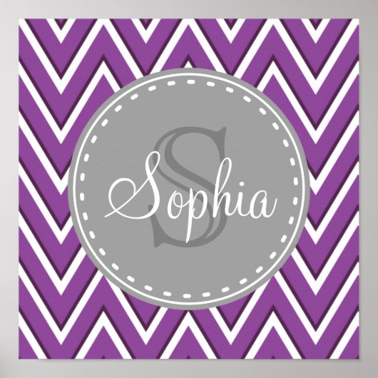 Trendy Paars Chevron Pattern Gray Monogram Poster (Voorkant)