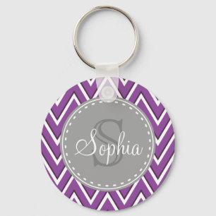 Trendy Paars Chevron Pattern Gray Monogram Sleutelhanger