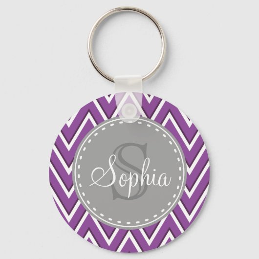 Trendy Paars Chevron Pattern Gray Monogram Sleutelhanger (Voorkant)
