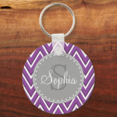 Trendy Paars Chevron Pattern Gray Monogram Sleutelhanger (Voorkant)