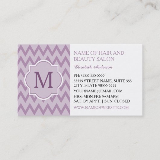 Trendy Paars Chevron Zigzag Monogram Beauticien Visitekaartje (Voorkant)