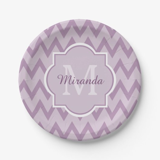 Trendy Paars Chevron Zigzag Name en Monogram Papieren Bordje (Voorkant)