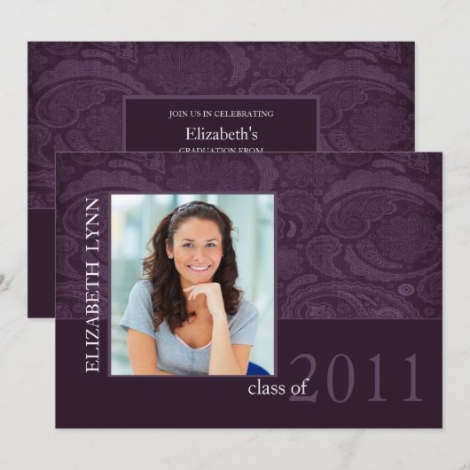 Trendy Paars Damask Photo Afstuderen Invitation Kaart (Voorkant / Achterkant)