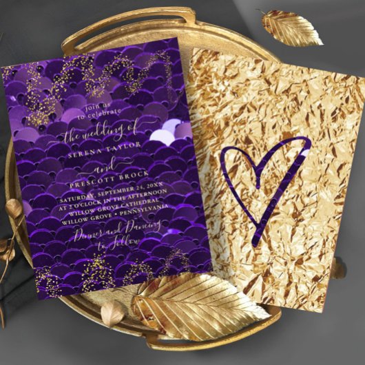 Trendy Paars en Gold Wedding Invitation Kaart