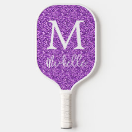 Trendy Paars Faux Glitter Monogram Initiaal Name Pickleball Paddle