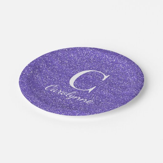 Trendy Paars Faux Glitter Monogram Papieren Bordje (Gekanteld)