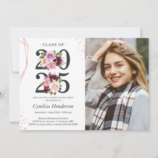Trendy Paars Floral Roos Gold Foto Afstuderen Kaart (Voorkant)