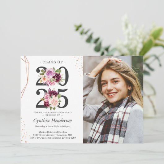 Trendy Paars Floral Roos Gold Foto Afstuderen Kaart (Staand voorkant)