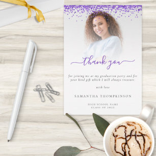 Trendy Paars Glitter Foto Afstuderen Dank Bedankkaart