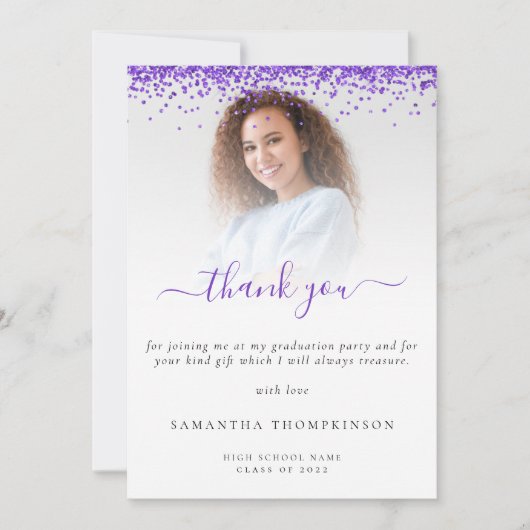 Trendy Paars Glitter Foto Afstuderen Dank Bedankkaart (Voorkant)
