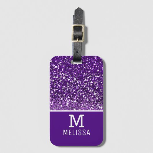 Trendy Paars Glitter Name Monogram Initiaal Bagagelabel (Voorkant (verticaal))