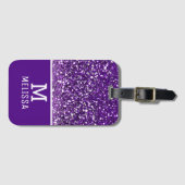 Trendy Paars Glitter Name Monogram Initiaal Bagagelabel (Voorkant (horizontaal))