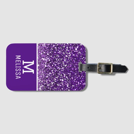 Trendy Paars Glitter Name Monogram Initiaal Bagagelabel (Voorkant (horizontaal))