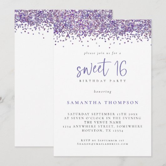 Trendy Paars Glitter Sweet 16 Birthday Party Kaart (Voorkant / Achterkant)