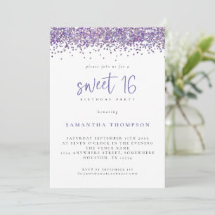 Trendy Paars Glitter Sweet 16 Birthday Party Kaart