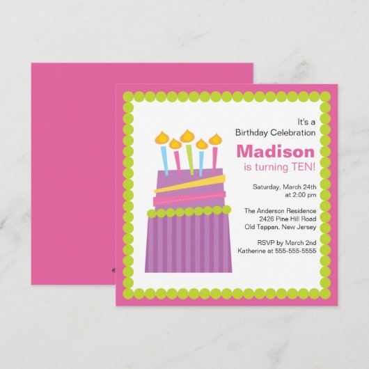 Trendy Paars & Roze Cake Birthday Uitnodiging (Voorkant / Achterkant)