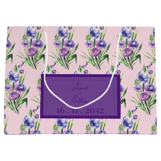 Trendy Paarse Blauw Bloempatroon Huwelijksgunst Groot Cadeauzakje (Voorkant)